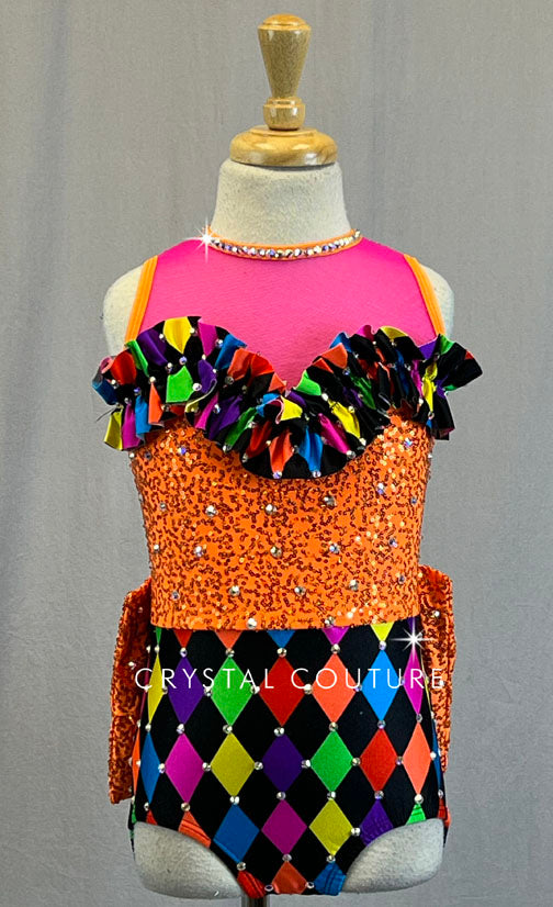 Multi-Color Argyle and Orange Zsa Zsa Sequin Leotard with Bow Bustle