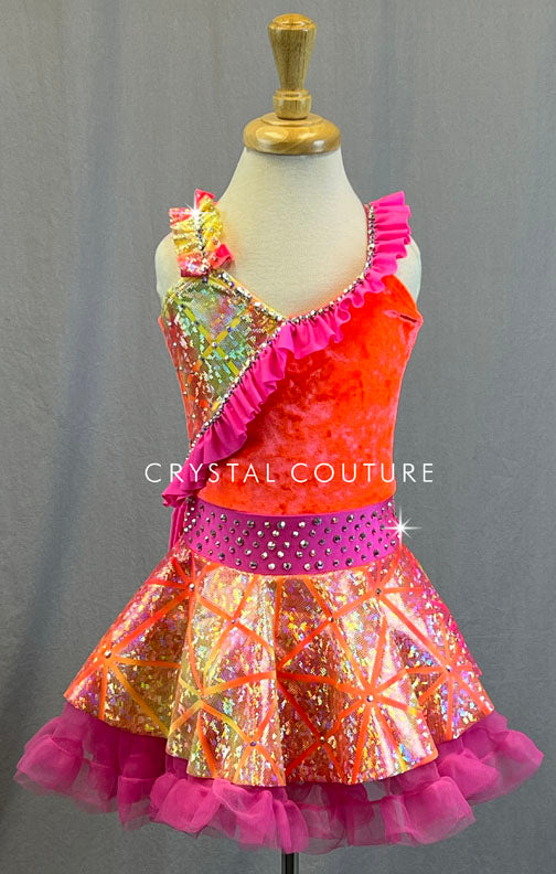 Hot Orange and Pink Holographic Geometric Dress with Ruffles- Rhinestones
