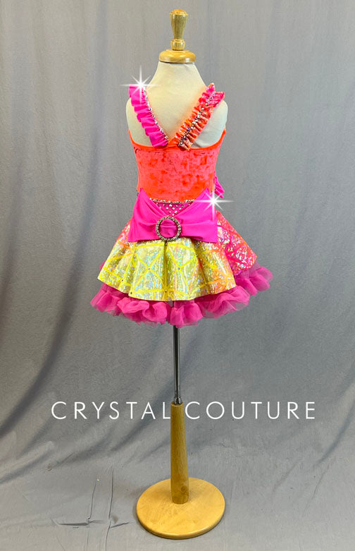 Hot Orange and Pink Holographic Geometric Dress with Ruffles- Rhinestones