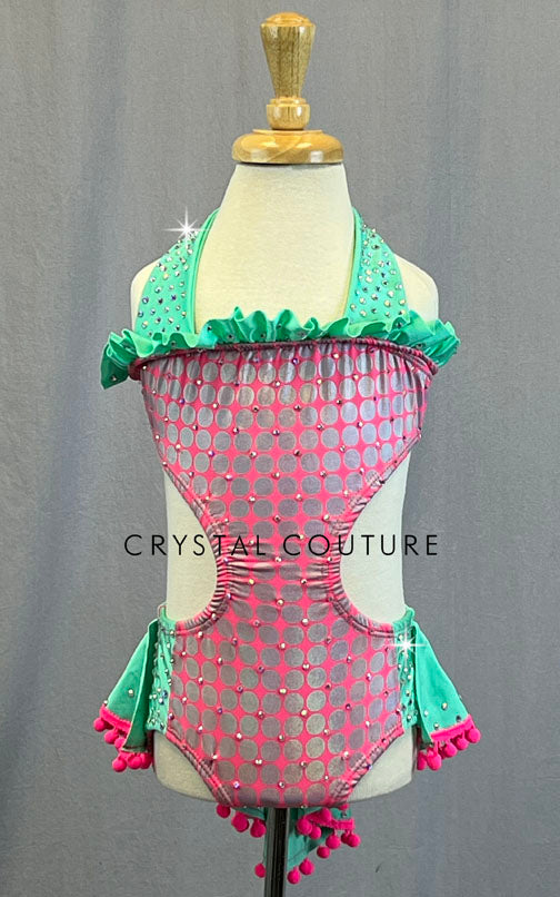 Mint Lycra and Hot Pink and Silver Polka Dot Halter Leotard with Ruffles- Rhinestones