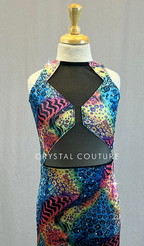 Multi-Color Velvet Animal Print Unitard with Tail