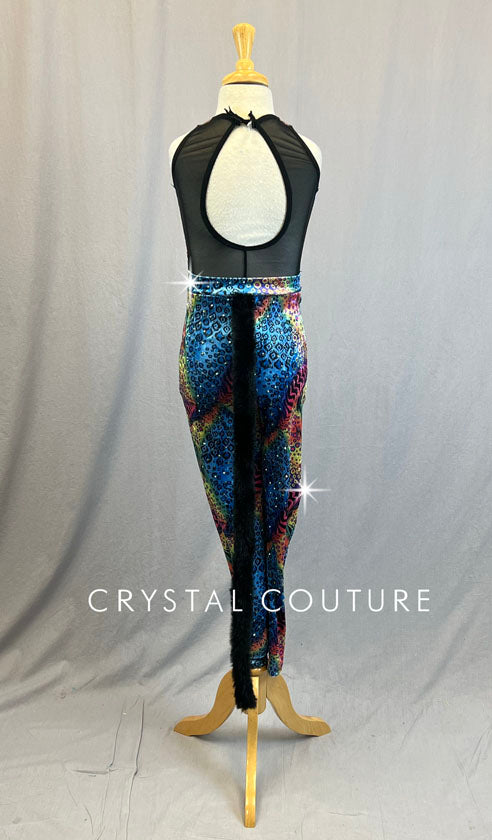 Multi-Color Velvet Animal Print Unitard with Tail