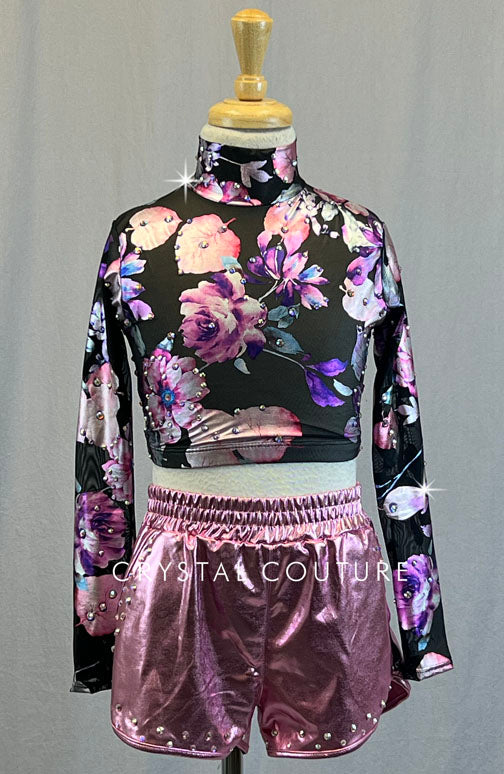 Baby Pink Metallic Boxing Shorts with Metallic Pink floral and Black Long Sleeve Crop Top