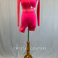 Hot Pink Satin Lycra and Mesh Biketard and One Sleeve Crop Top