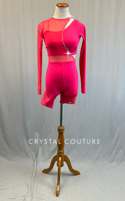 Hot Pink Satin Lycra and Mesh Biketard and One Sleeve Crop Top