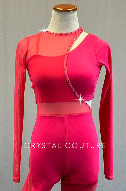 Hot Pink Satin Lycra and Mesh Biketard and One Sleeve Crop Top