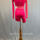 Hot Pink Satin Lycra and Mesh Biketard and One Sleeve Crop Top