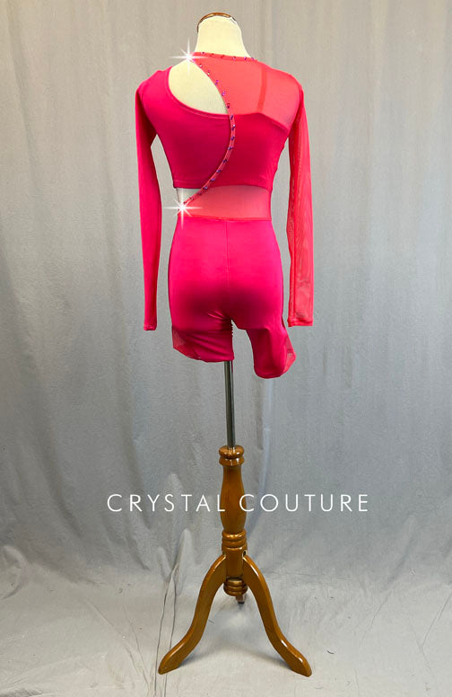 Hot Pink Satin Lycra and Mesh Biketard and One Sleeve Crop Top