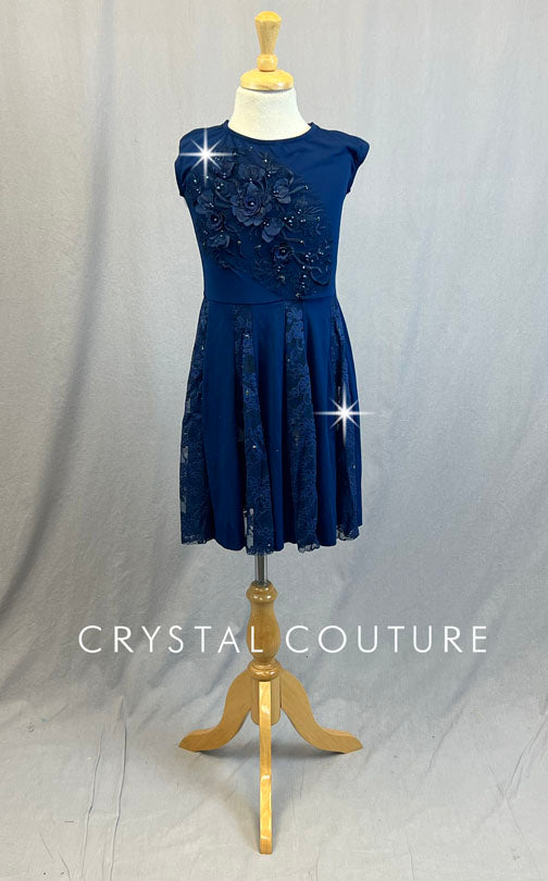 Navy Blue Lycra and Lace Cap Sleeve Dress