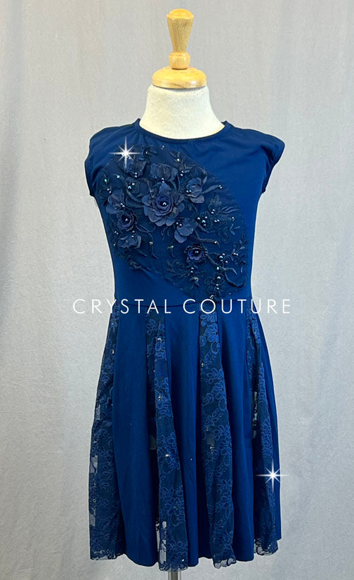 Navy Blue Lycra and Lace Cap Sleeve Dress