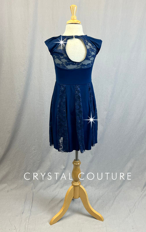 Navy Blue Lycra and Lace Cap Sleeve Dress
