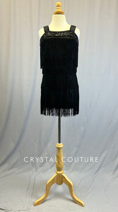 Black Lycra Fringe Flapper Mini Dress