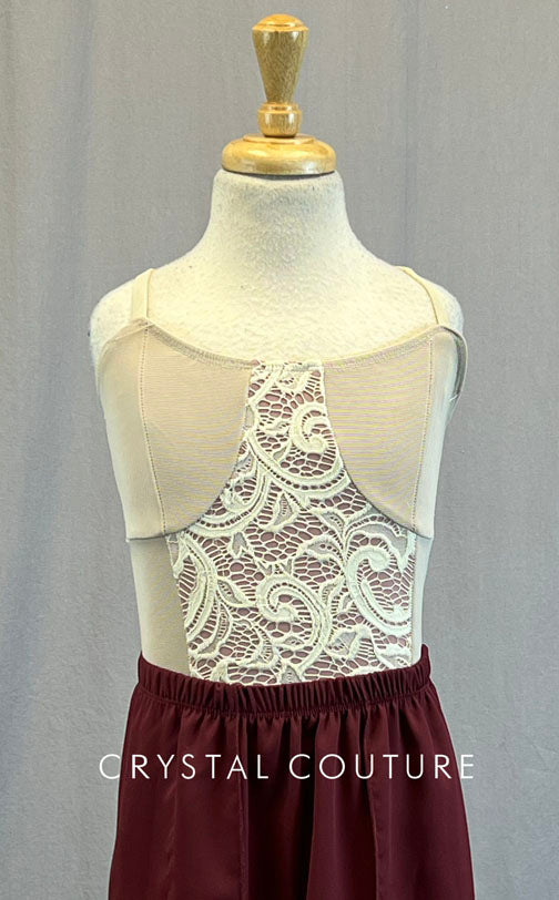 Mauve Nude and Lace Front Leotard with Burgundy Chiffon Slit Skirt