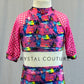 Custom Hot Pink Fishnet and Pink, Blue and Yellow Geometric Pattern Lycra Two Piece - Rhinestones
