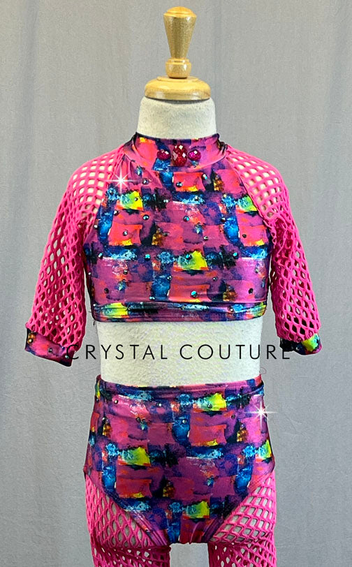 Custom Hot Pink Fishnet and Pink, Blue and Yellow Geometric Pattern Lycra Two Piece - Rhinestones