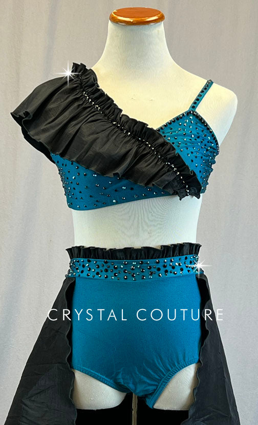 Teal and Black Two Piece With Shoulder Ruffle and Black Half Skirt