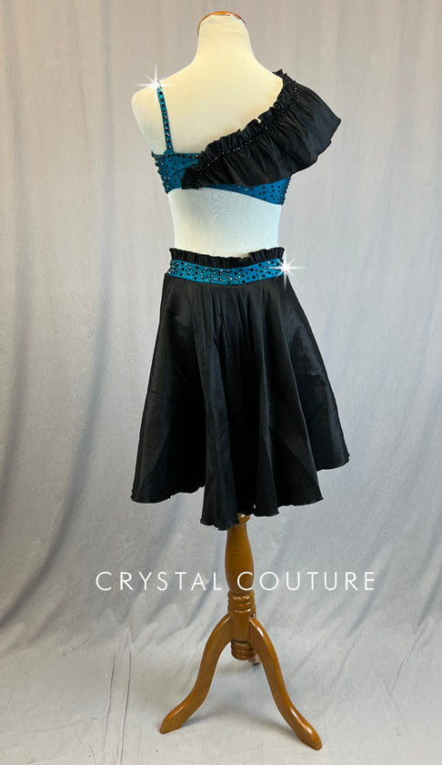 Teal and Black Two Piece With Shoulder Ruffle and Black Half Skirt