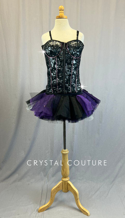 Custom Black and Silver Floral Print Lace Bustier with Rhinestone Piping and Black Purple and Silver Tulle Skirt with Built In Booty Shorts.