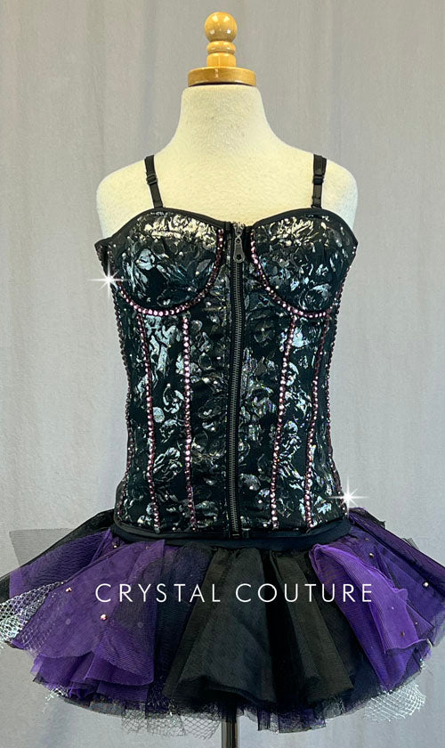 Custom Black and Silver Floral Print Lace Bustier with Rhinestone Piping and Black Purple and Silver Tulle Skirt with Built In Booty Shorts.