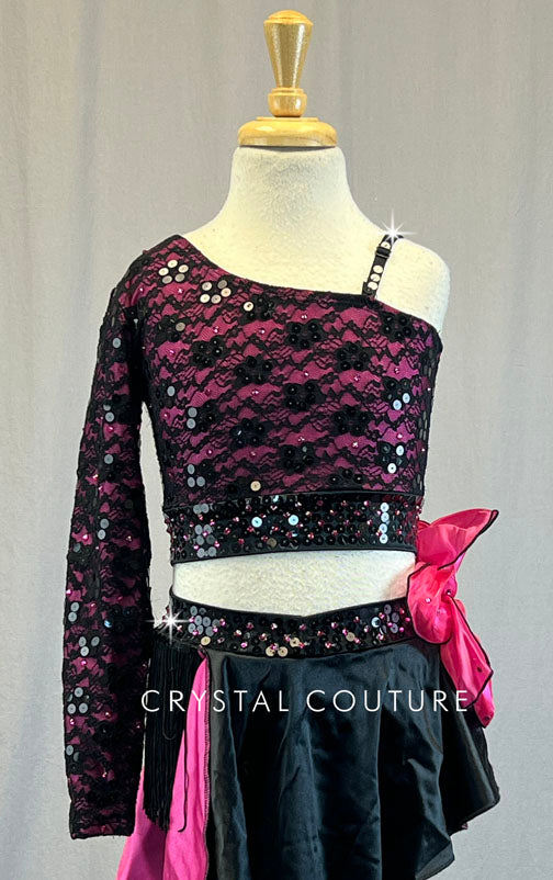 Hot Pink and Black Lace Two piece Crop Top and Asymmetrical Skirt