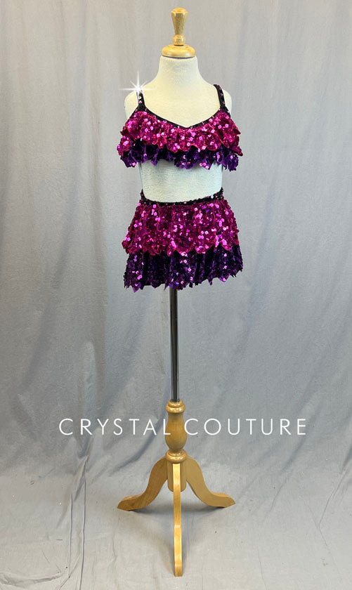 Fuchsia and Purple Solid Sequin Ruffle Tiered Bra Top and Skirt