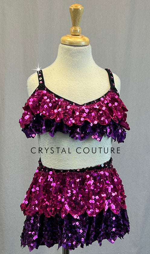 Fuchsia and Purple Solid Sequin Ruffle Tiered Bra Top and Skirt