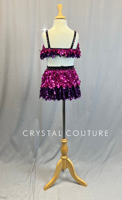 Fuchsia and Purple Solid Sequin Ruffle Tiered Bra Top and Skirt