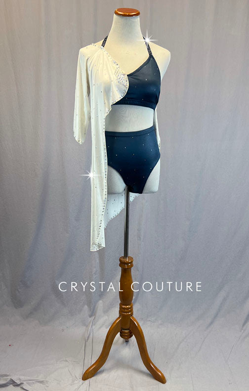 Custom Teal Green and Ivory Two Piece Bra Top and Trunks With Attached Ivory Satin Draped Top/Skirt