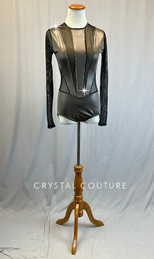 Black and Bronze Shimmer Leotard with Mesh Cutouts - Rhinestones