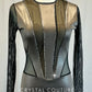 Black and Bronze Shimmer Leotard with Mesh Cutouts - Rhinestones