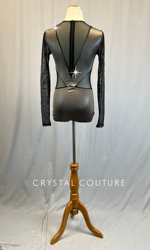 Black and Bronze Shimmer Leotard with Mesh Cutouts - Rhinestones