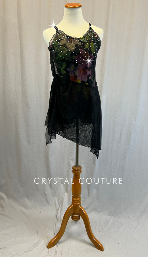 Multicolor Floral Leotard with Black Wrap Dress - Rhinestones