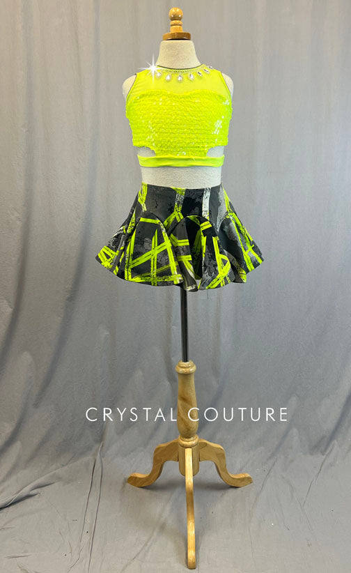 Neon Yellow/Green Crop Top with Cutouts and Grey and Neon Skirt