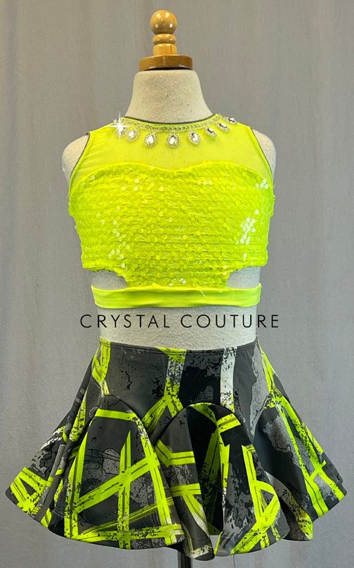 Neon Yellow/Green Crop Top with Cutouts and Grey and Neon Skirt