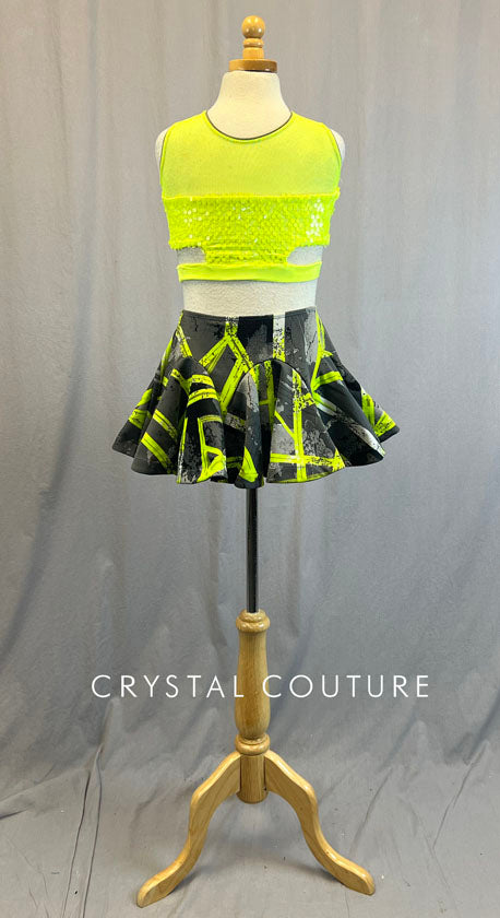 Neon Yellow/Green Crop Top with Cutouts and Grey and Neon Skirt