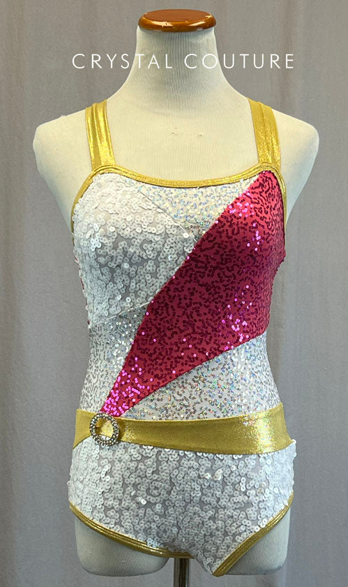 White & Pink Zsa Zsa Leotard with Gold Details