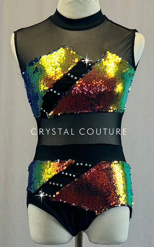 Multi Color Iridescent Sequin, Black Lycra and Black Mesh Color Block Effect Leotard