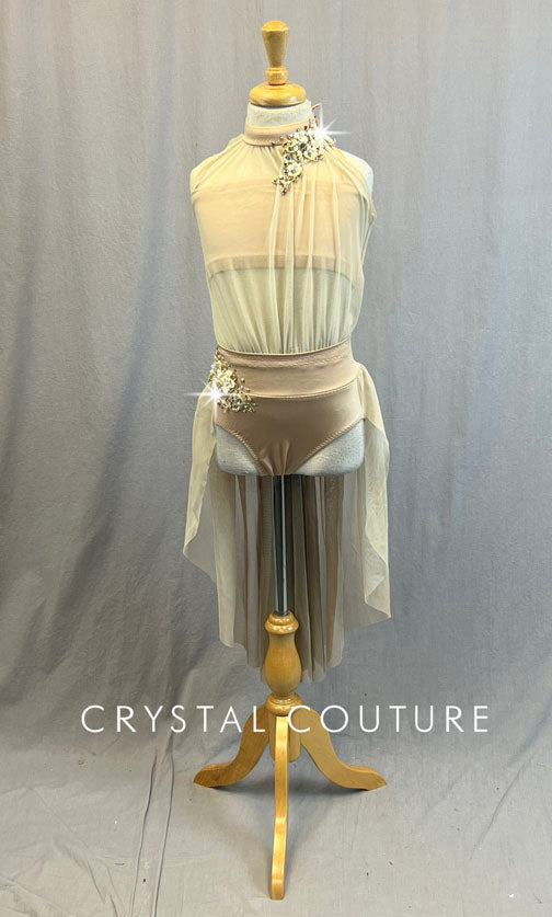 Custom Nude and Tan Lyrical Dress With Built In Bra Top and Attached Trunks