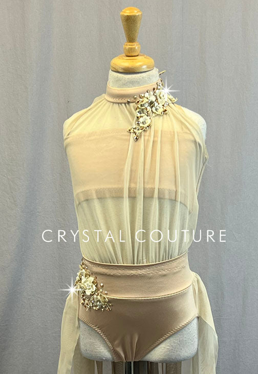 Custom Nude and Tan Lyrical Dress With Built In Bra Top and Attached Trunks