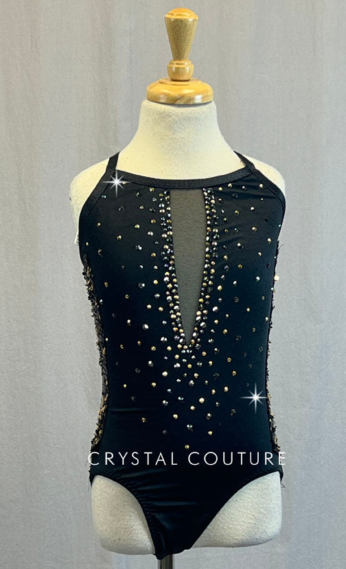 Custom Black Lycra Leotard With Side Panel Sequins and Mesh V