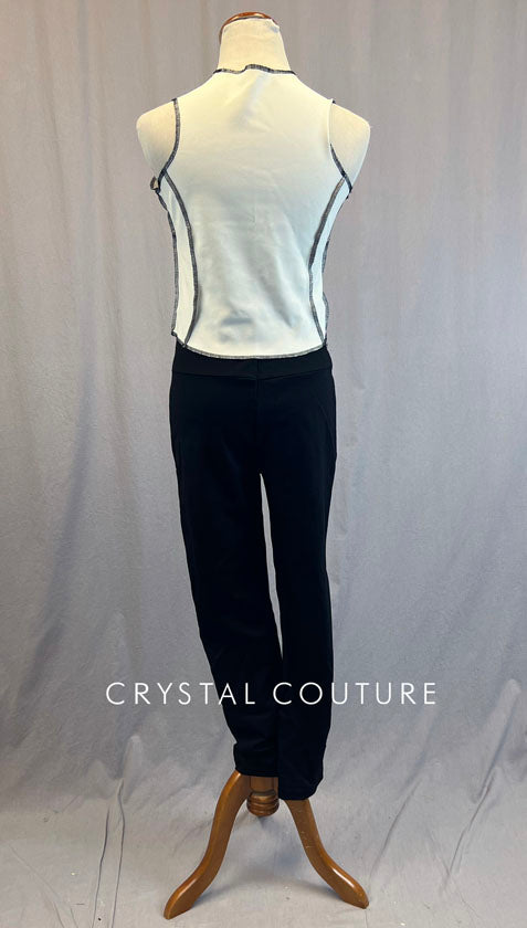 Custom Black High Waisted Pants And White Loose Fitting Top with Raw Edge Black Thread Seams.