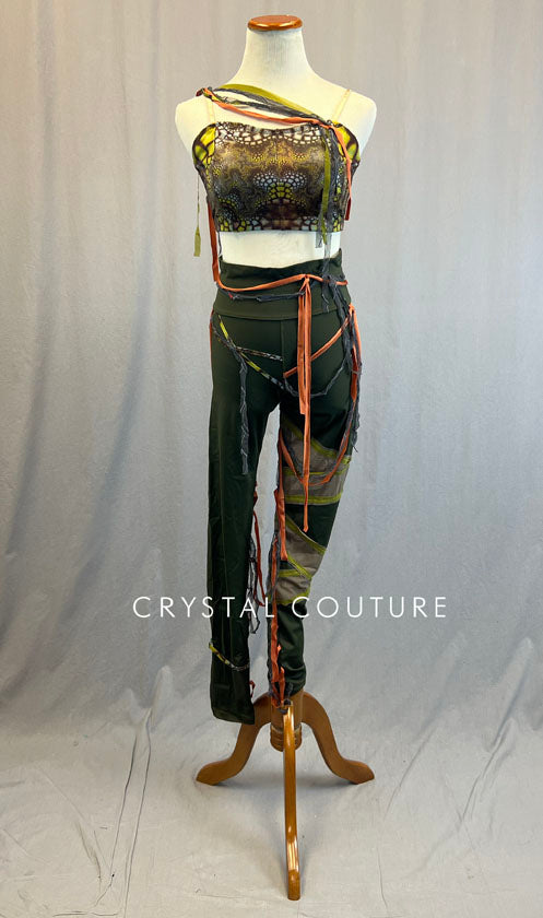 Custom Green and Orange Reptile Look Bra Top and Leggings. *2 Top Options