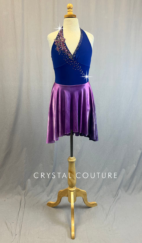 Custom Blue Halter Leotard With Attached Purple Silk Ombre Skirt