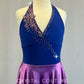 Custom Blue Halter Leotard With Attached Purple Silk Ombre Skirt