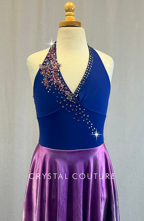 Custom Blue Halter Leotard With Attached Purple Silk Ombre Skirt