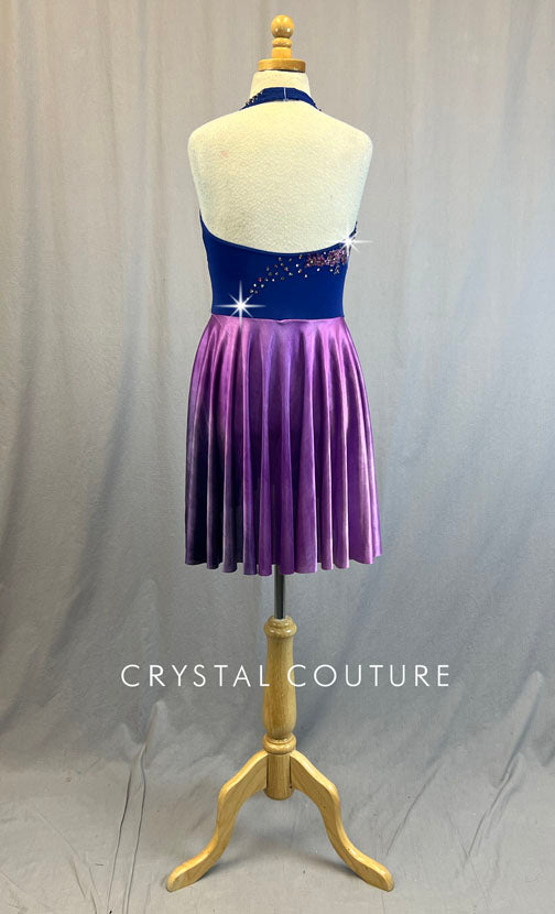 Custom Blue Halter Leotard With Attached Purple Silk Ombre Skirt