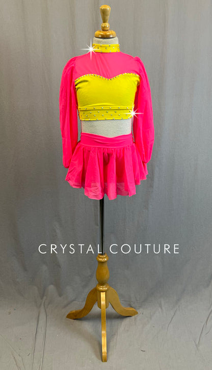 Hot Pink & Neon Yellow Peasant Sleeve Top and Skirt - Rhinestones