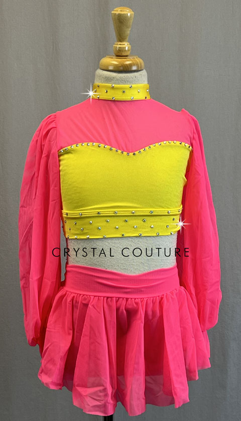 Hot Pink & Neon Yellow Peasant Sleeve Top and Skirt - Rhinestones