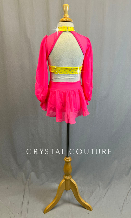 Hot Pink & Neon Yellow Peasant Sleeve Top and Skirt - Rhinestones