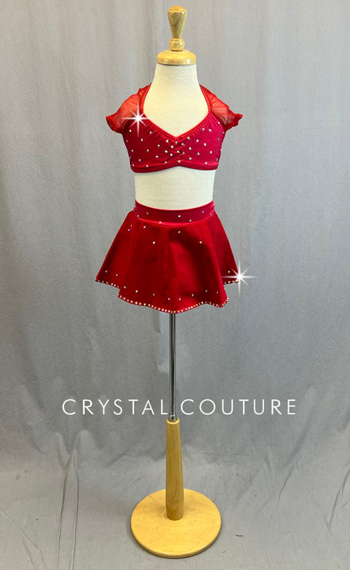 Red Cap Sleeve Top and Skirt - Rhinestones